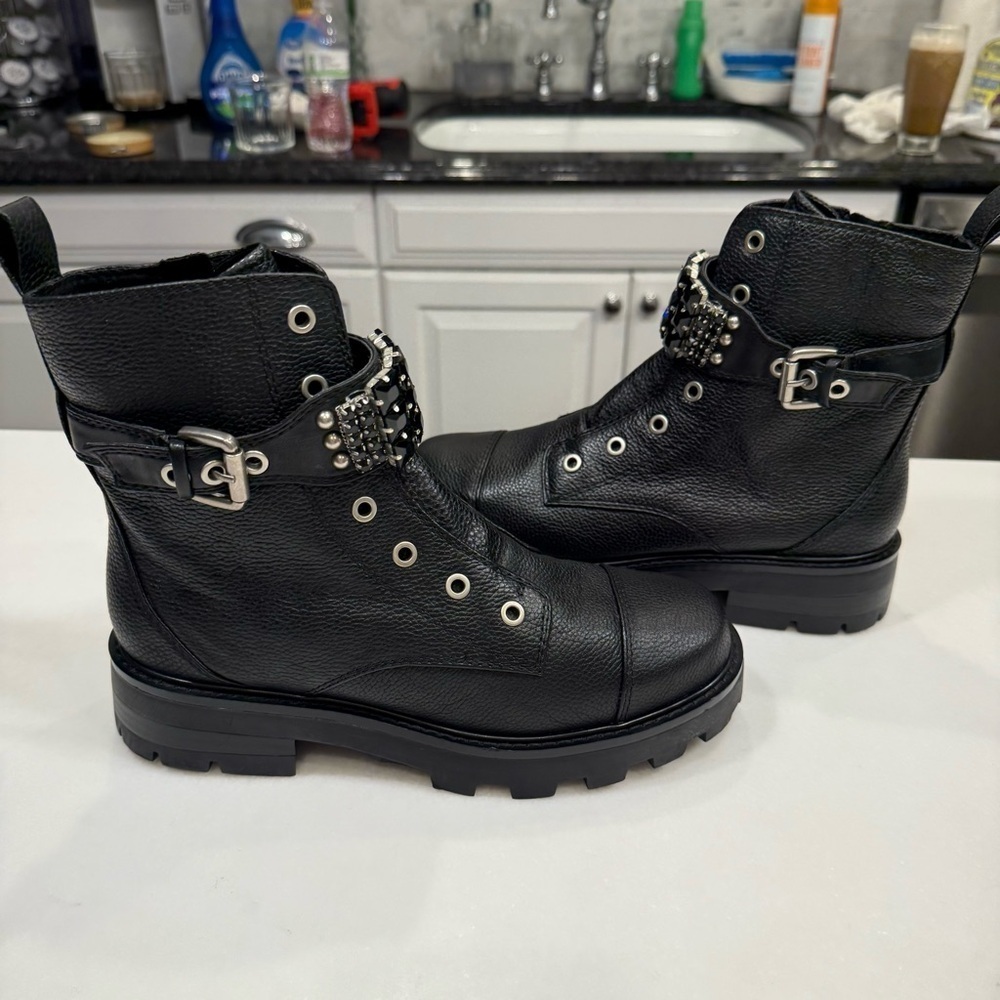 Karl Lagerfeld Maeva Women’s Embellished Black Leather Combat Boot Zip Up Sz 8 - Picture 9 of 10